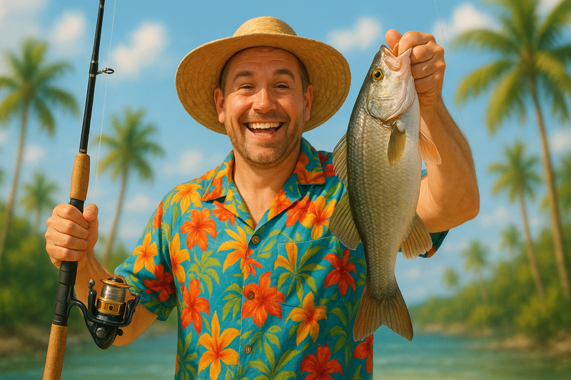 Fisherman smiling wearing a Hawaiian shirt holding a fishing pole with a big fish