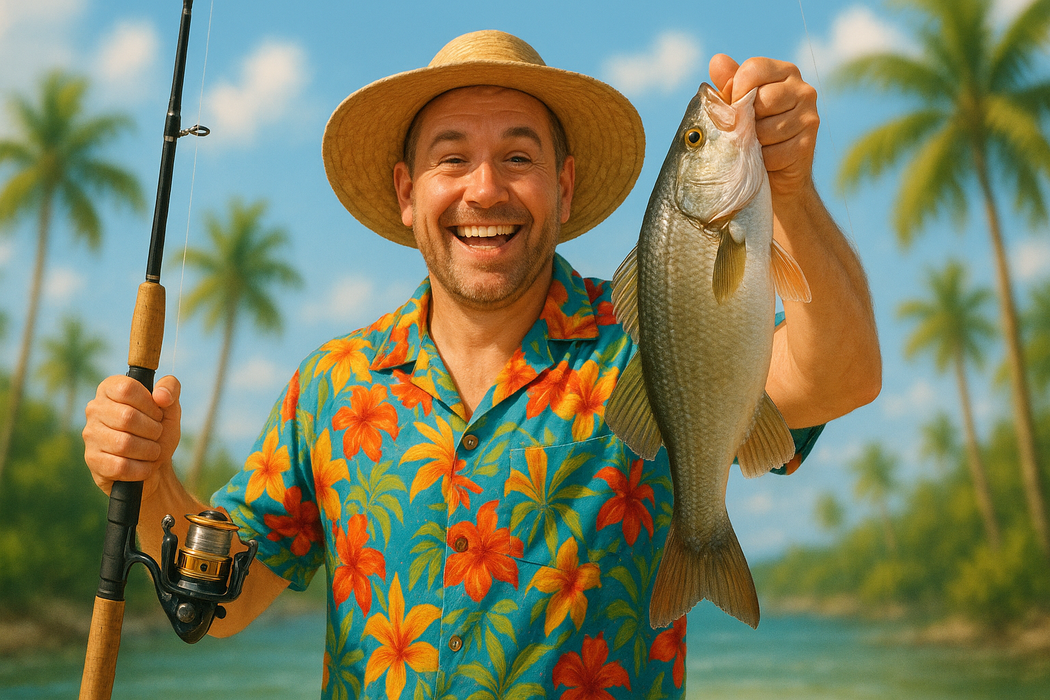 Fisherman smiling wearing a Hawaiian shirt holding a fishing pole with a big fish