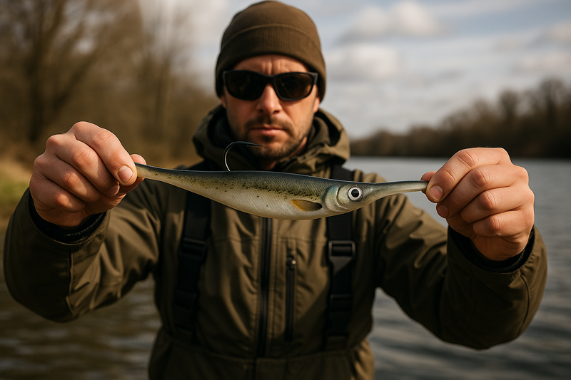 fisherman stretching a soft plastic swimbait the distance of arm
