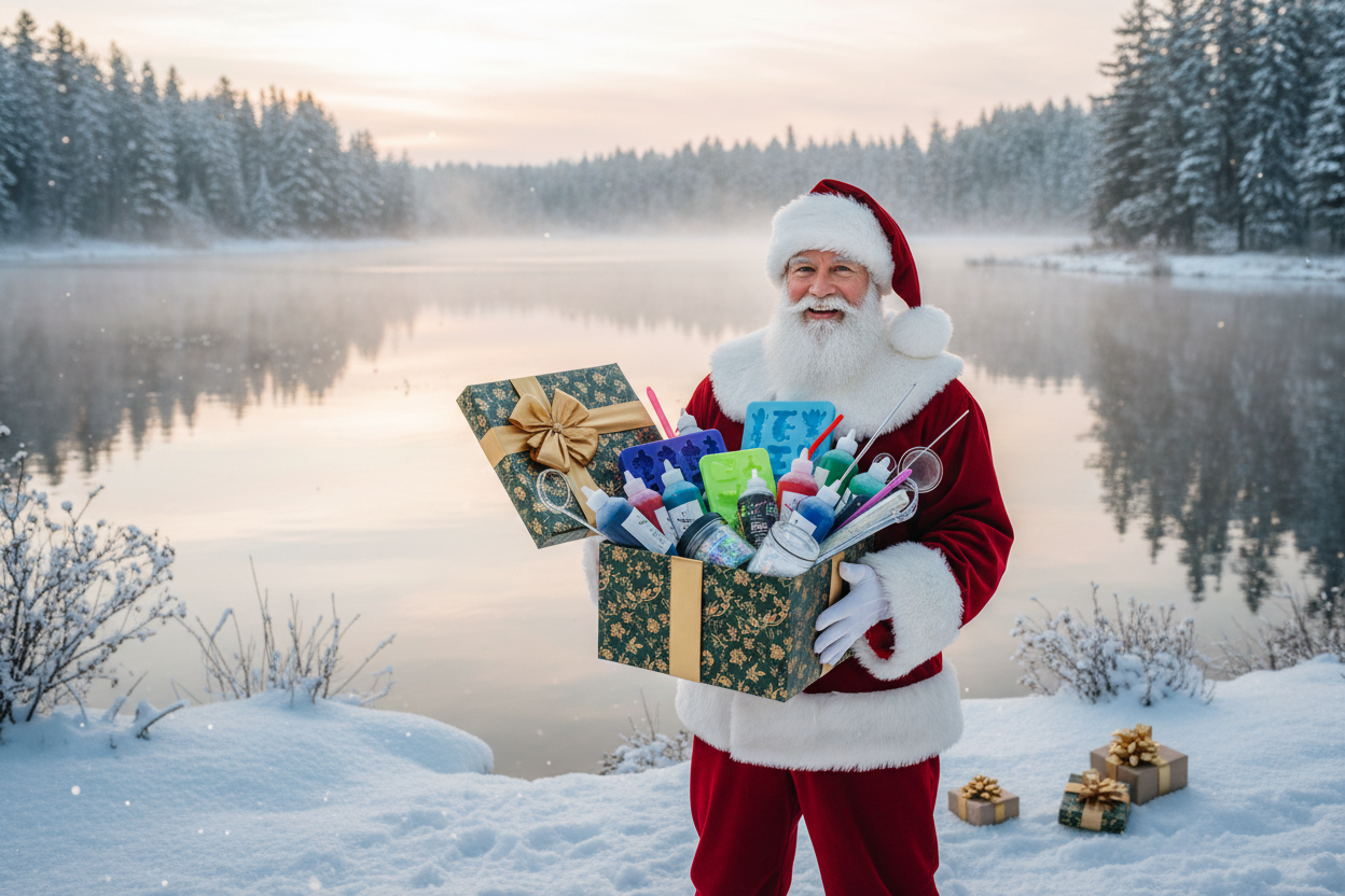 Santa clause, outside near a lake,  opening a present of soft plastic fishing bait making supplies